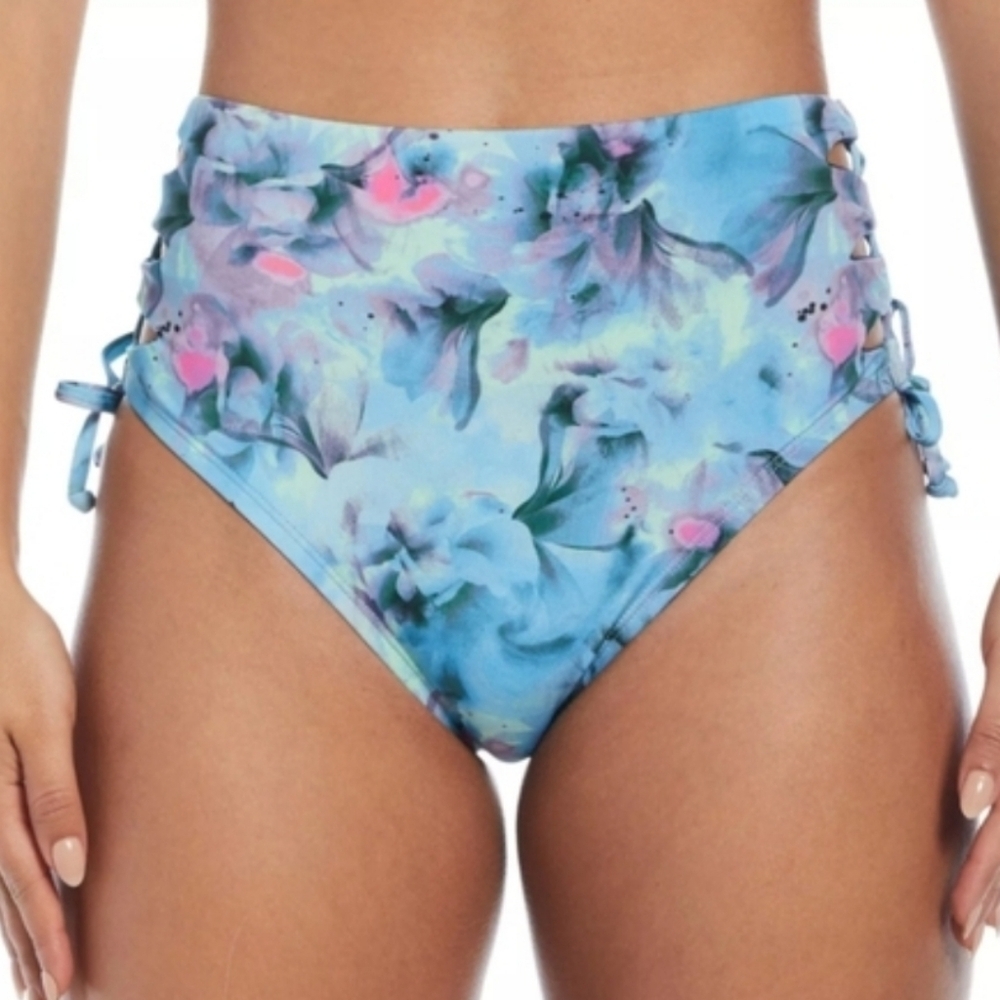 NWT Nike Women's Aqua Floral Lace Up Bikini Swim Bottoms S